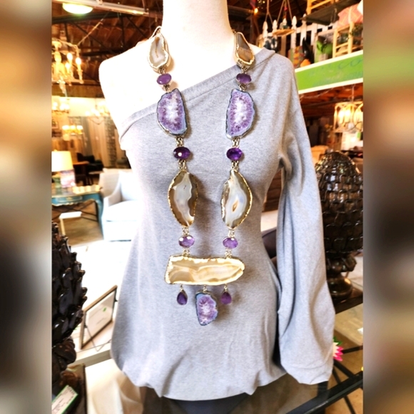 Handcrafted Amethyst, Agate Statement Necklace - Only one available. Unisex - Picture 10 of 16